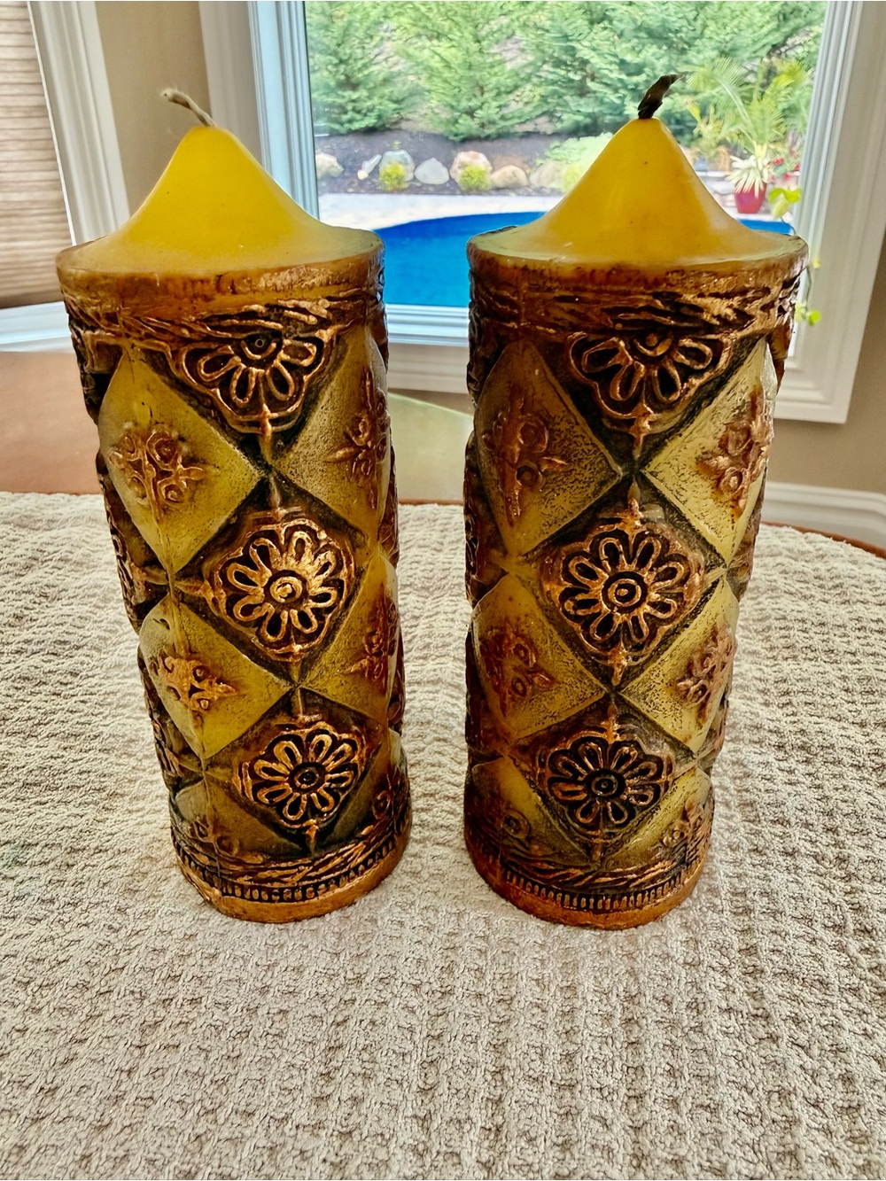 Pair of Vintage Waxed Embossed Floral Decorative Pillar Candles